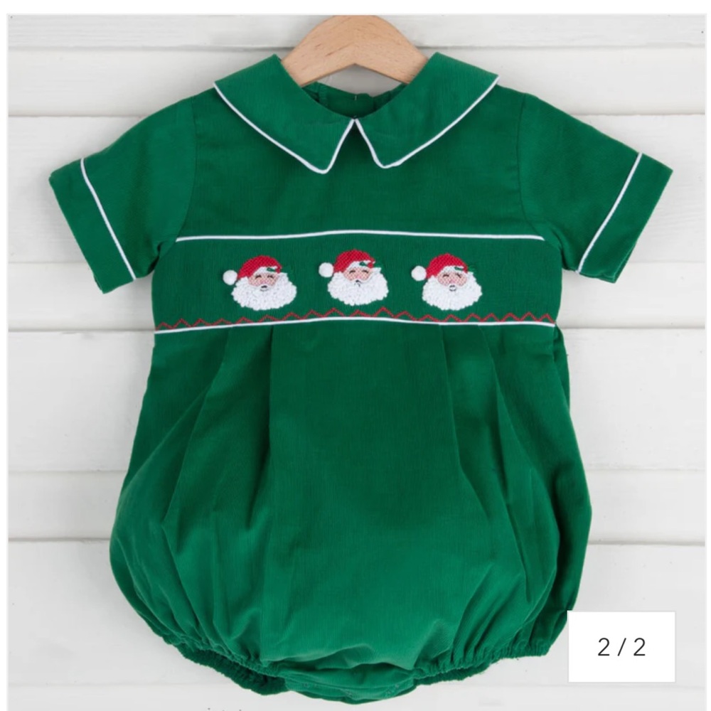 Santa Face Smocked Green Boy Bubble